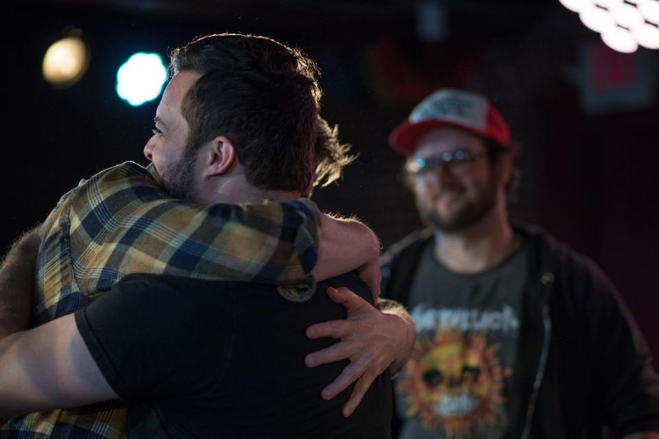 A rehearsal for “Granite State Proud,” opening at the Players’ Ring on Nov. 10. Left to right are actors Matthew Schofield as Briggs (plaid shirt), Jacob Zentis as Camel and Christian Arnold as Chuck.