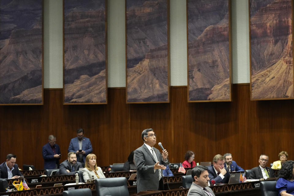 Arizona State Rep. Lupe Diaz, R, speaks at the Capitol, Tuesday, June 4, 2024, in Phoenix. (AP Photo/Matt York)