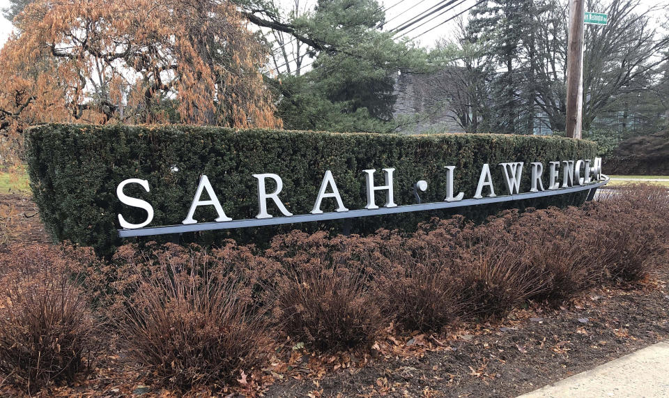 FILE - A hedge row marks the campus of Sarah Lawrence College in Yonkers, N.Y., Feb. 11, 2020. The ex-convict charged with forcing some college students into prostitution or unpaid labor as he cheated them out of nearly $1 million made statements after his arrest, a prosecutor said Wednesday, Dec. 6, 2023. (AP Photo/Luke Sheridan, File)