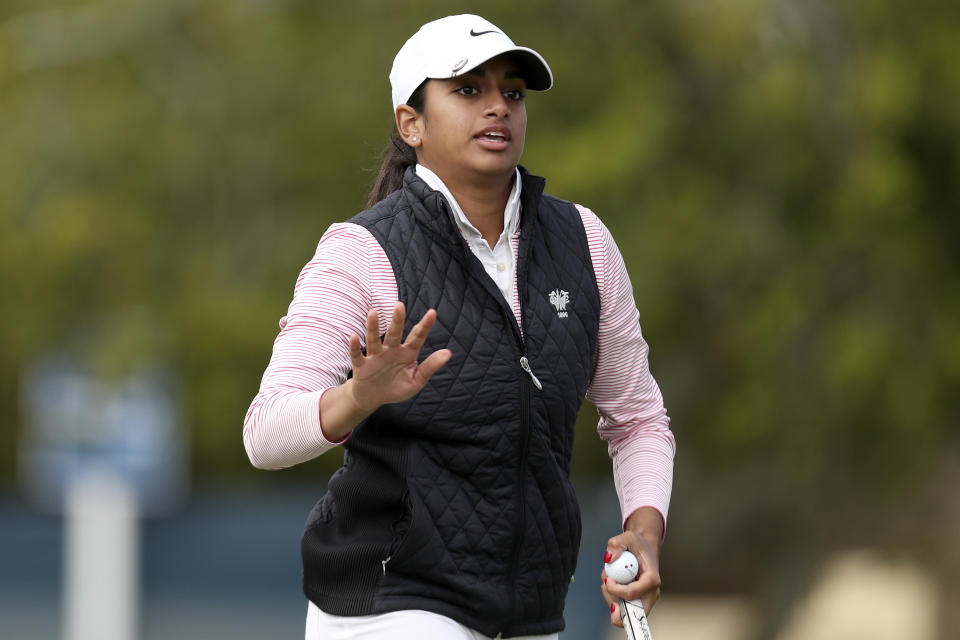 Megha Ganne waves after hit putt on the 16th green during the first round of the U.S. Women's Open golf tournament at The Olympic Club, Thursday, June 3, 2021, in San Francisco. (AP Photo/Jed Jacobsohn)