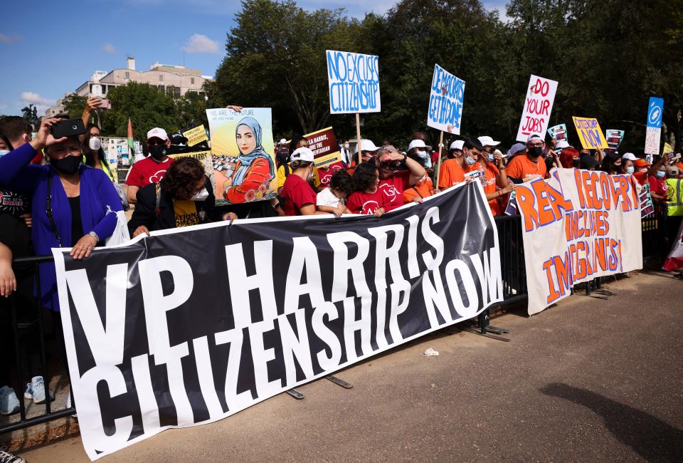 Immigration activists rally near the White House on Oct. 7 to urge President Biden to authorize a pathway to citizenship for undocumented immigrants.