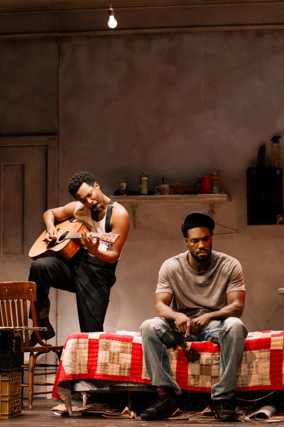 <em>Corey Hawkins as Linc and Yahya Abdul-Mateen II as Booth</em> in a scene from “Topdog/Underdog.” (Photo by Marc J. Franklin)