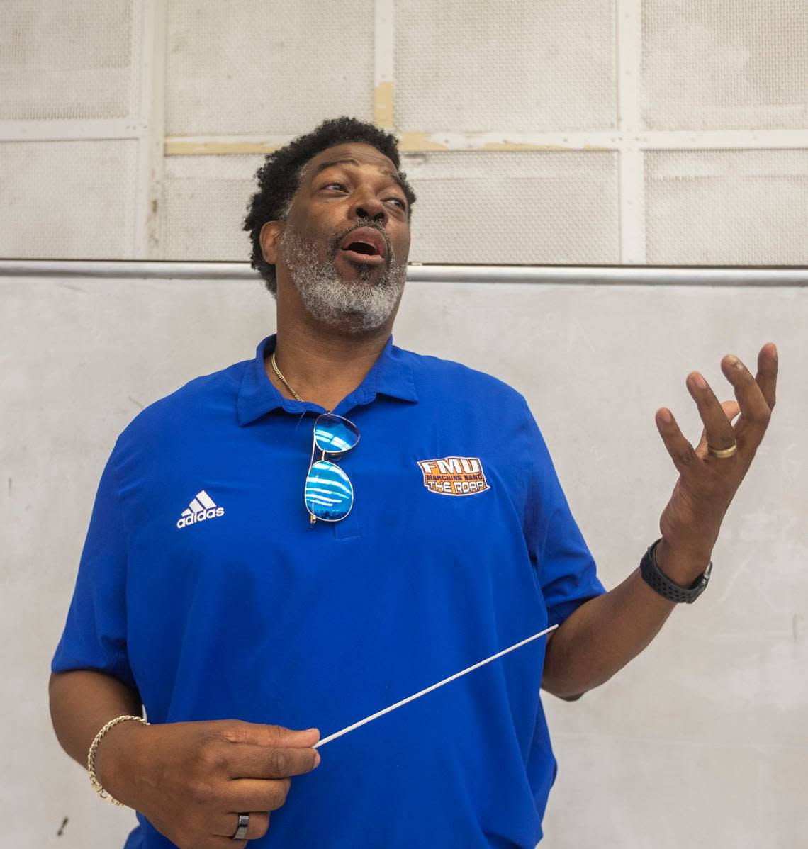 Richard Beckford, the director of band, speaks to Florida Memorial University students during a recent rehearsal of The ROAR Marching Band on Friday, June 9, 2023, in Miami Gardens, Florida. Alexia Fodere/for The Miami Herald