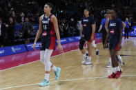 France leaves the court following their loss to China in a quarterfinal game at the women's Basketball World Cup in Sydney, Australia, Thursday, Sept. 29, 2022. (AP Photo/Mark Baker)