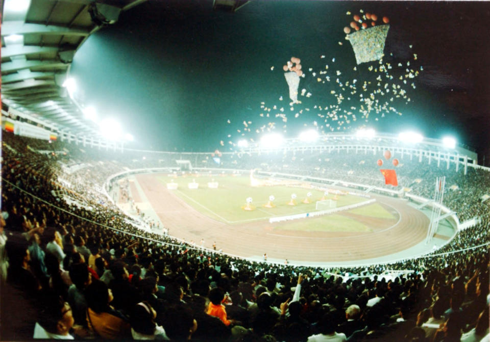 View of the opening ceremony of the first FIFA Women's World Cup in Guangzhou, China, Nov. 16 1991.<span class="copyright">Chen Guo—ImagineChina/AP</span>