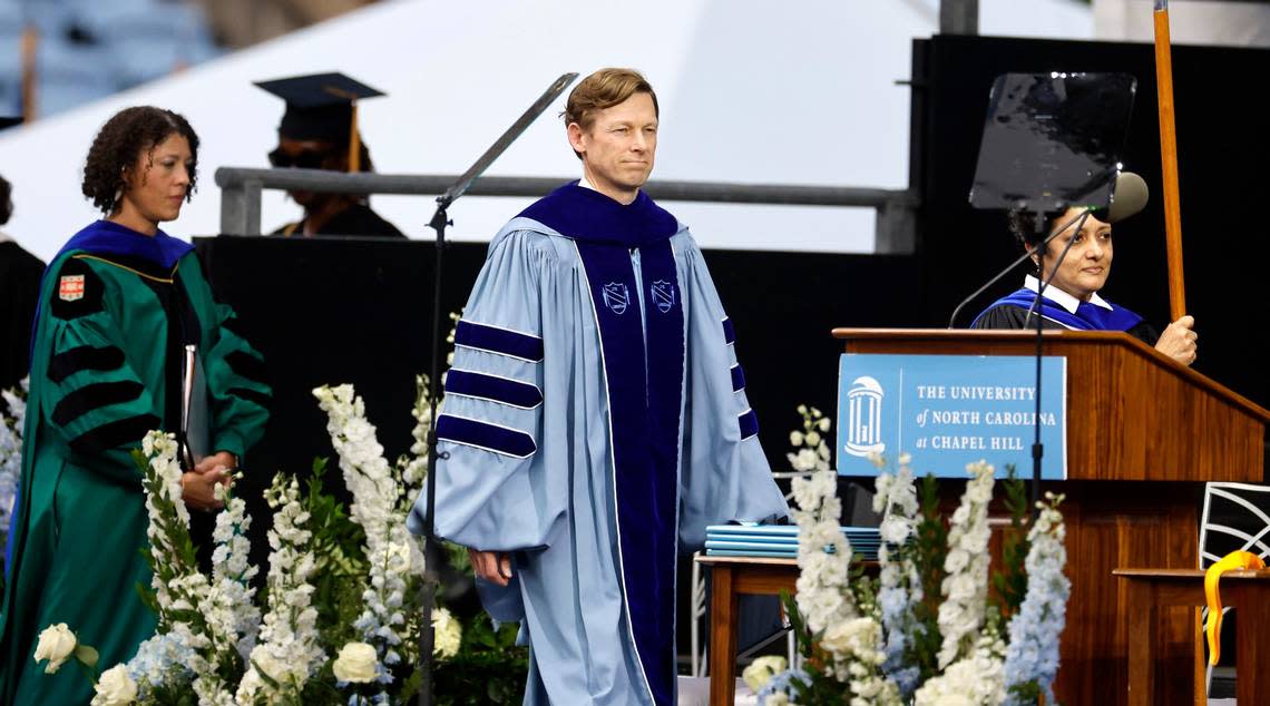 UNC Chapel Hill interim chancellor Lee Roberts takes to the stage before UNC Chapel Hill’s commencement ceremonies at Kenan Stadium in Chapel Hill in 2024.