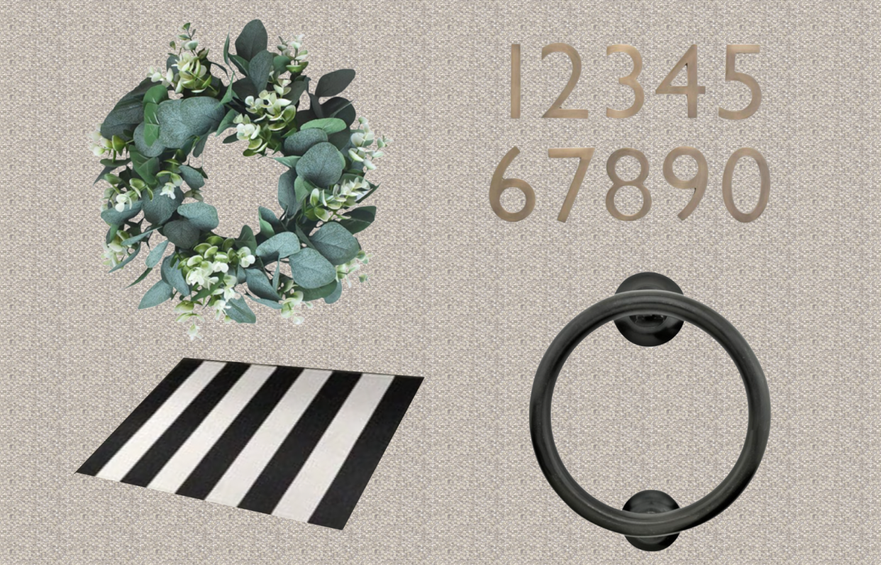 Wreath, door numbers, rug, door knocker