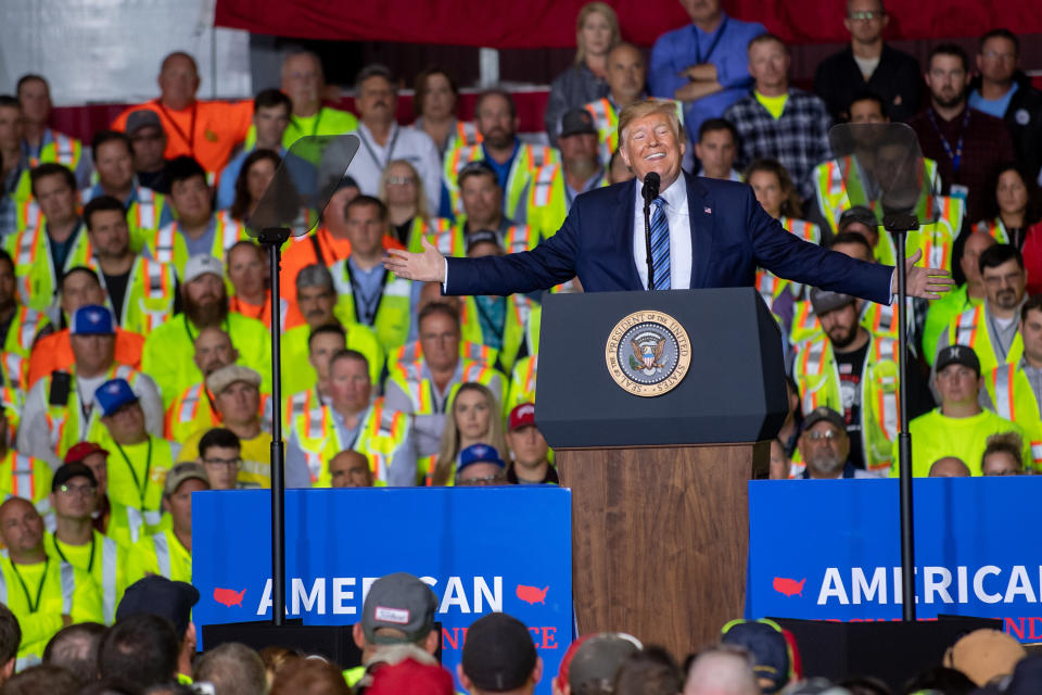 President Donald Trump spoke last August at the then-under-construction Shell Pennsylvania Petrochemical Complex in Monaca, Pennsylvania, which will convert natural gas into plastics. (Photo: Jeff Swensen via Getty Images)