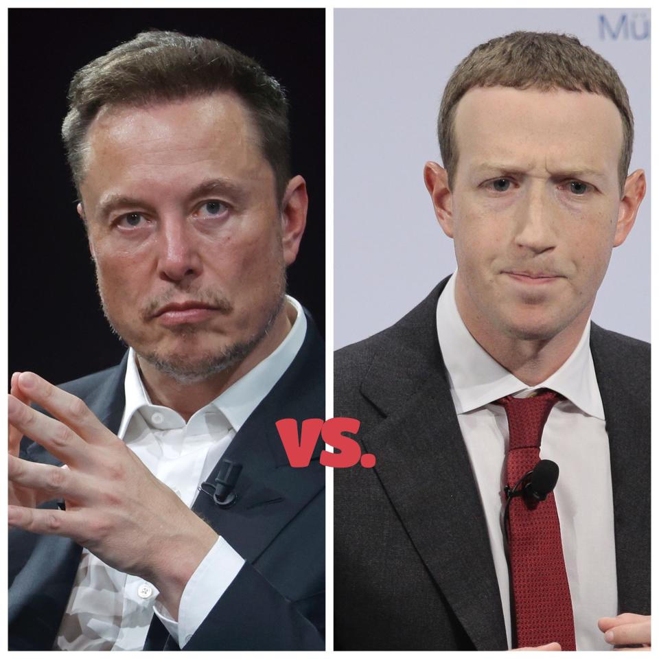 Photo collage of Elon Musk on the left and Mark Zuckerberg on the right