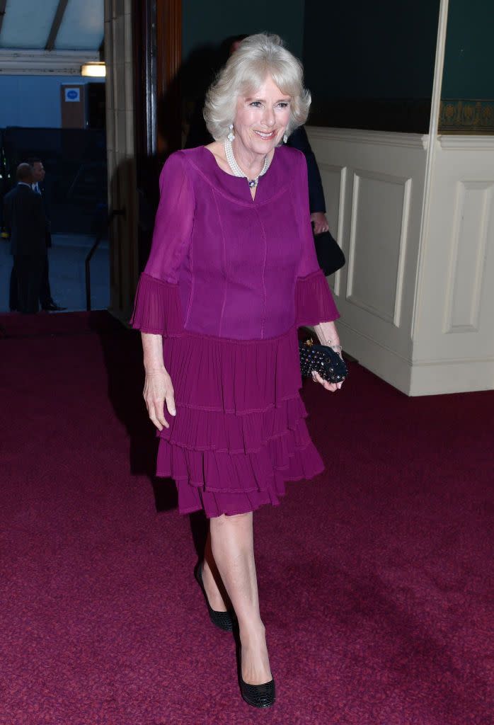 <p>To celebrate the Queen's 92nd birthday, Camilla chose this deep fuchsia dress with a tiered ruffled skirt and ruffled sleeve details. </p>