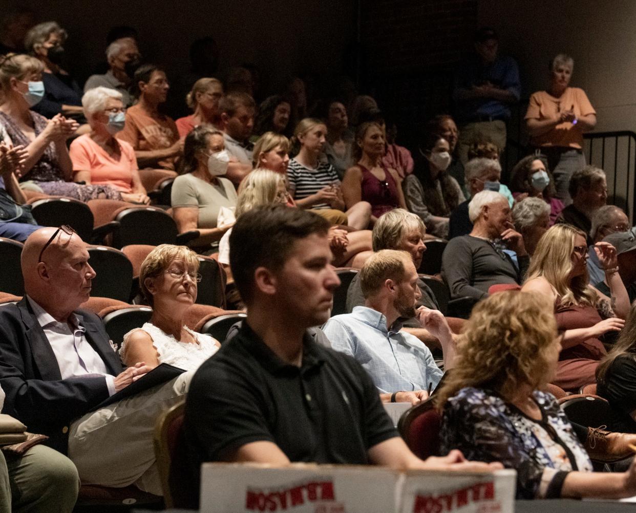 People listen to public comments being made during a special Town Council and Planning Board hearing on Dennett Landing — a 900-unit housing project proposal — in the Kittery Community Center Wednesday, July 13, 2022.  The Council ultimately blocked the project as proposed.