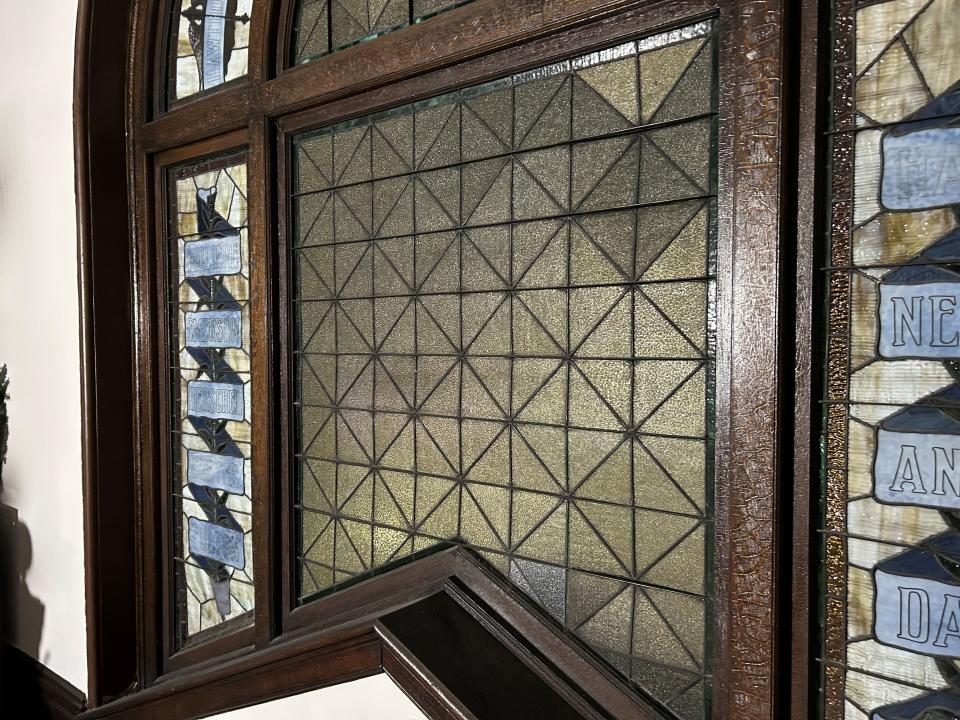 A stained glass window leading to the second floor of the Carnegie Free Library of Beaver Falls.