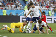 <p>Almost calamity: Jordan Pickford and the England defence almost concede the opening goal… </p>