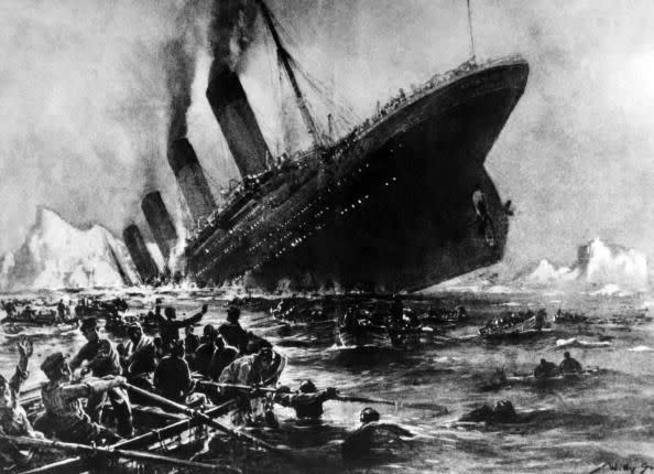 Undated artist impression showing the 14 April 1912 shipwreck of the British luxury passenger liner Titanic off the Nova-Scotia coasts, during its maiden voyage. The supposedly 'Unsinkable' Titanic set sail down Southampton Water en-route to New York on 10 April 1912 and met disaster on 14 April 1912 after hitting an iceberg off Newfoundland shortly before midnight and sinking two hours later, killing about 1,500 passengers and ship personnel. (Photo credit: OFF/AFP via Getty Images)
