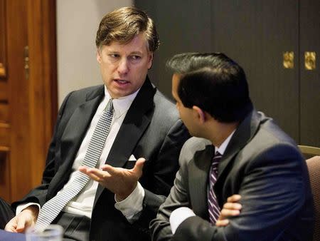 Christopher Landau (L), partner at Kirkland & Ellis, and Pratik Shah, partner at Akin Gump, speak at the U.S. Chamber of Commerce 27th annual Supreme Court pre-term briefing in Washington October 3, 2014. REUTERS/Joshua Roberts