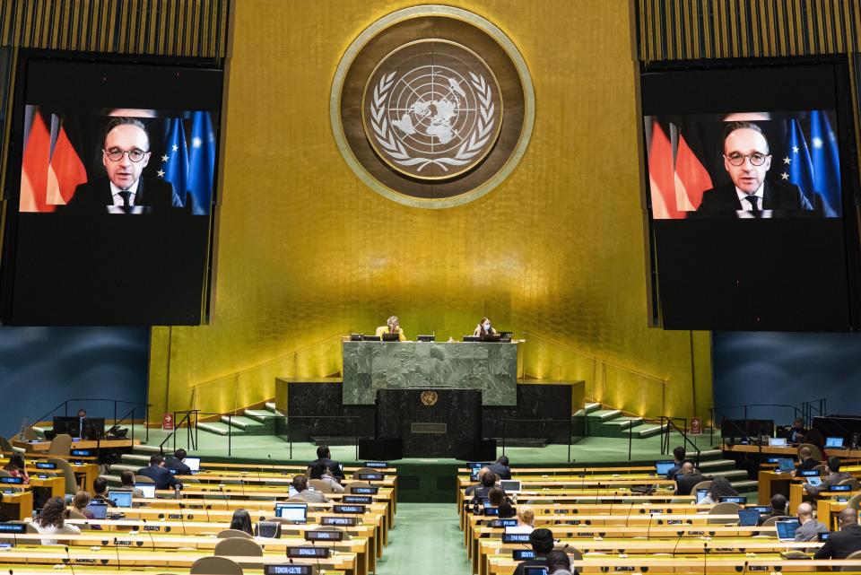 In this photo provided by the United Nations, Heiko Maas, Federal Minister for Foreign Affairs of Germany, speaks in a pre-recorded message which was played during the 75th session of the United Nations General Assembly, Tuesday, Sept. 29, 2020, at UN headquarters in New York. (Rick Bajornas/UN Photo via AP)