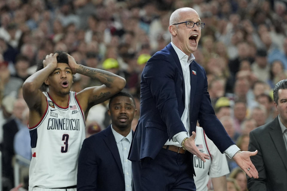 UConn head coach Dan Hurley reacts during the first half of the NCAA college basketball game against Alabama at the Final Four, Saturday, April 6, 2024, in Glendale, Ariz. (AP Photo/David J. Phillip)