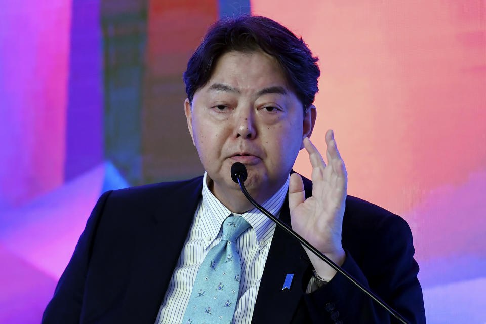 Japanese Foreign Minister Yoshimasa Hayashi speaks during a Quad ministers' panel at the Taj Palace Hotel in New Delhi Friday, March 3, 2023. (Olivier Douliery/Pool Photo via AP)