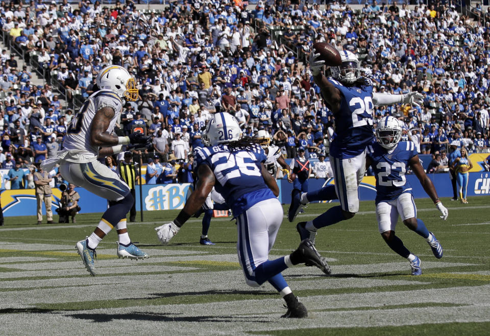 Indianapolis Colts free safety Malik Hooker, right, intercepts a pass intended for Los Angeles Chargers wide receiver Keenan Allen, left, during the second half in an NFL football game Sunday, Sept. 8, 2019, in Carson, Calif. (AP Photo/Marcio Jose Sanchez)