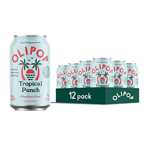 OLIPOP - Tropical Punch Sparkling Tonic, Healthy Soda, Gut-Friendly Soft Drink, Delicious Prebiotic Soda, Contains 9g of Plant Fiber, Caffeine-Free, Low-Calorie, Low-Sugar, Vegan (12 oz, 12-Pack)