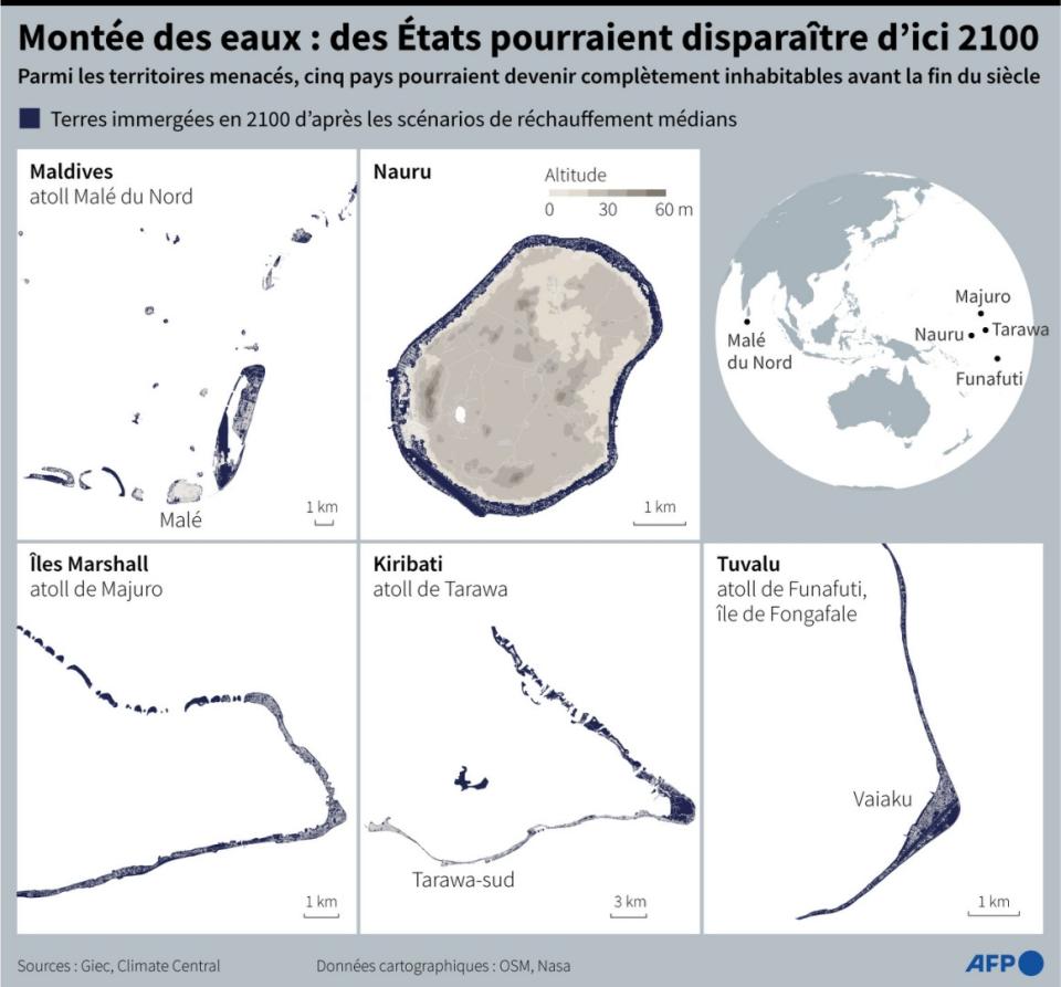 <span>Carte d'îles principales de cinq Etats insulaires ou archipélagiques menacés par la montée du niveau de la mer, représentant les terres potentiellement immergées en 2100 d'après Climate Central (VALENTINA BRESCHI / AFP)</span>