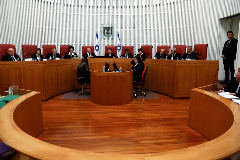 FILE PHOTO: Israeli Supreme Court judges attend an appeals hearingi at the High Court in Jerusalem,