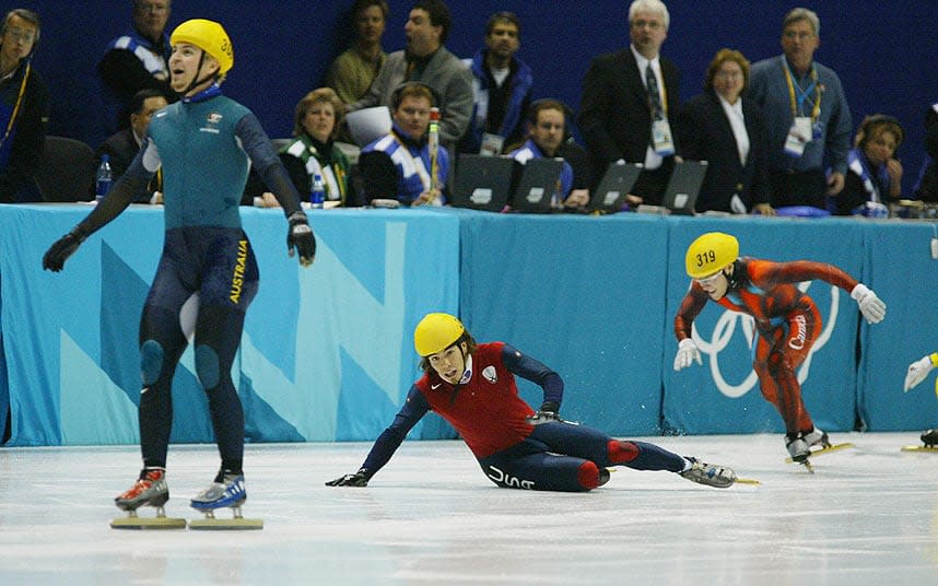 Salt Lake City, 2002: Steven Bradbury cannot believe his luck as he crosses the line in first place after trailing for the majority of the race