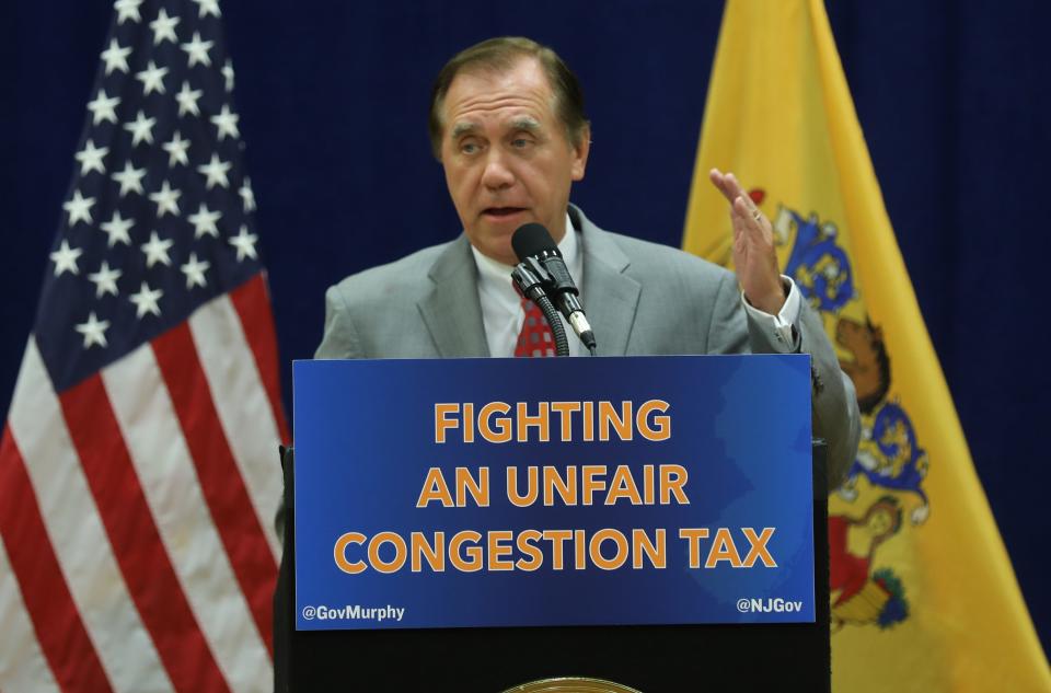 Assembly Speaker Craig Coughlin speaks during a July 21, 2023 press conference in Fort Lee to announce a lawsuit against the city of New York for imposing a congestion tax and its adverse impact on the citizens of New Jersey.