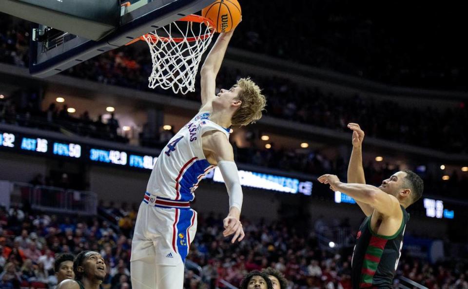 Kansas guard Gradey Dick (4) goes up for a layup against Howard during a first-round game in the NCAA Tournament Thursday, March 16, 2023, in Des Moines, Iowa.