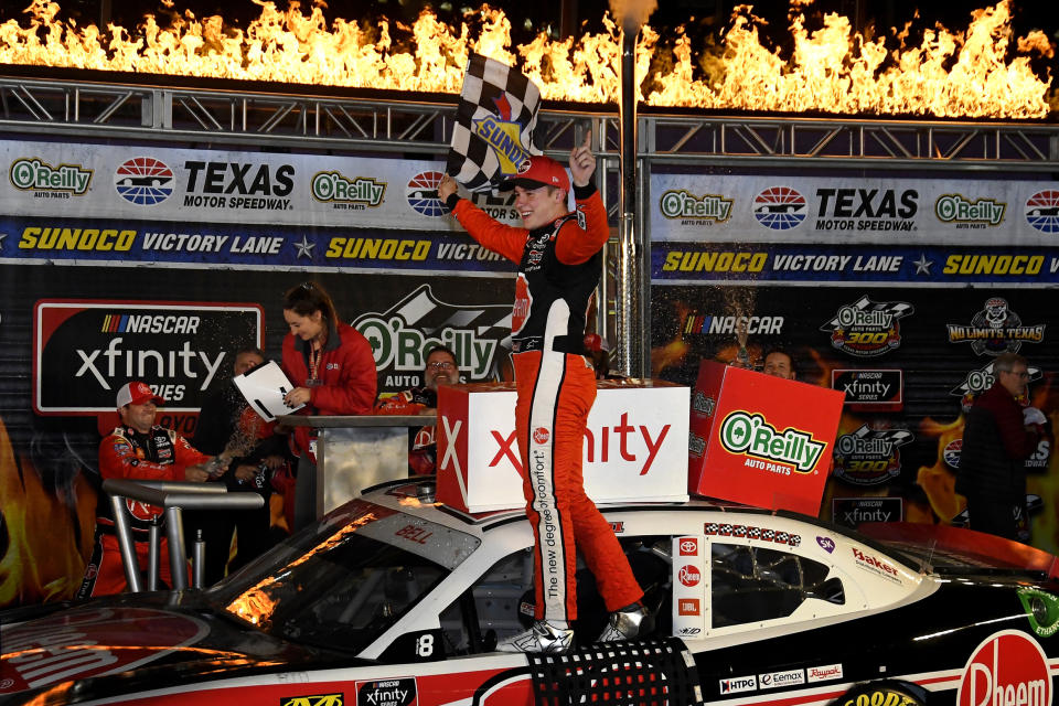 FILE - In this Nov. 2, 2019, file photo, Christopher Bell celebrates in Victory Lane after winning the NASCAR Xfinity Series auto race at Texas Motor Speedway in Fort Worth, Texas. NASCAR's season officially opens Sunday, Feb. 16, 2020, with the Daytona 500 at Daytona International Speedway. (AP Photo/Randy Holt, File)