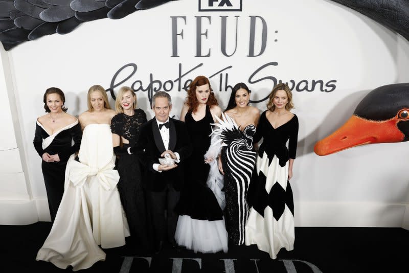 Diane Lane, Chloe Sevigny, Naomi Watts, Tom Hollander, Molly Ringwald, Demi Moore and Calista Flockhart, from left to right, attend the "Feud: Capote Vs. the Swans" premiere Tuesday. File Photo by John Angelillo/UPI