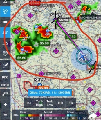 "Figure 1" in the NTSB report depicts a screen capture from the flight instructor’s cellphone depicting the aircraft's current position and severe weather to its northwest.