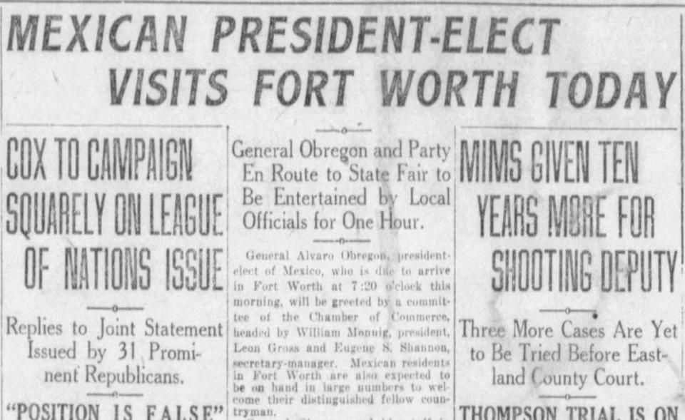 A headline in the Fort Worth Record on Saturday, Oct. 16, 1920, reporting on Mexico’s president-elect, Gen. Álvaro Obregón, coming to the city.