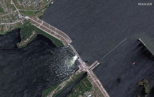 PHOTO: Water flows through a breach on the Nova Khakovka dam in south Ukraine, June 5, 2023. (Maxar Technologies via AFP-Getty Images)