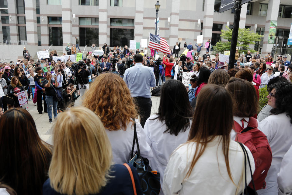Abortion rights supporters gather at a rally at Bicentennial Plaza put on by Planned Parenthood South Atlantic in response to a bill before the North Carolina Legislature, Wednesday, May 3, 2023, in Raleigh, N.C. (AP Photo/Karl B DeBlaker)