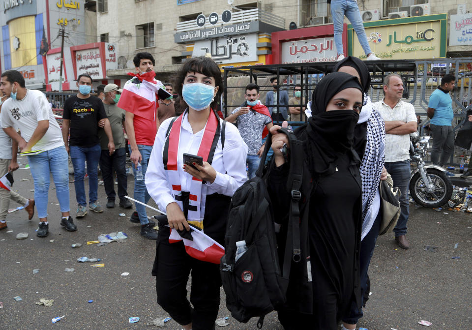 Students take part in anti-government protests in Baghdad, Iraq, Monday, Oct. 28, 2019. Protests have resumed in Iraq after a wave of demonstrations earlier this month were violently put down. (AP Photo/Hadi Mizban)