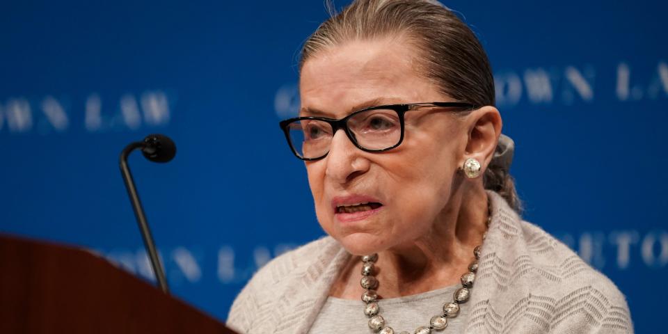 FILE PHOTO: U.S. Supreme Court Justice Ruth Bader Ginsburg delivers remarks during a discussion hosted by the Georgetown University Law Center in Washington, D.C., U.S., September 12, 2019. REUTERS/Sarah Silbiger.