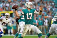 Dec 2, 2018; Miami Gardens, FL, USA; Miami Dolphins quarterback Ryan Tannehill (17) attempts a pass against the Buffalo Bills during the second half at Hard Rock Stadium. Mandatory Credit: Jasen Vinlove-USA TODAY Sports