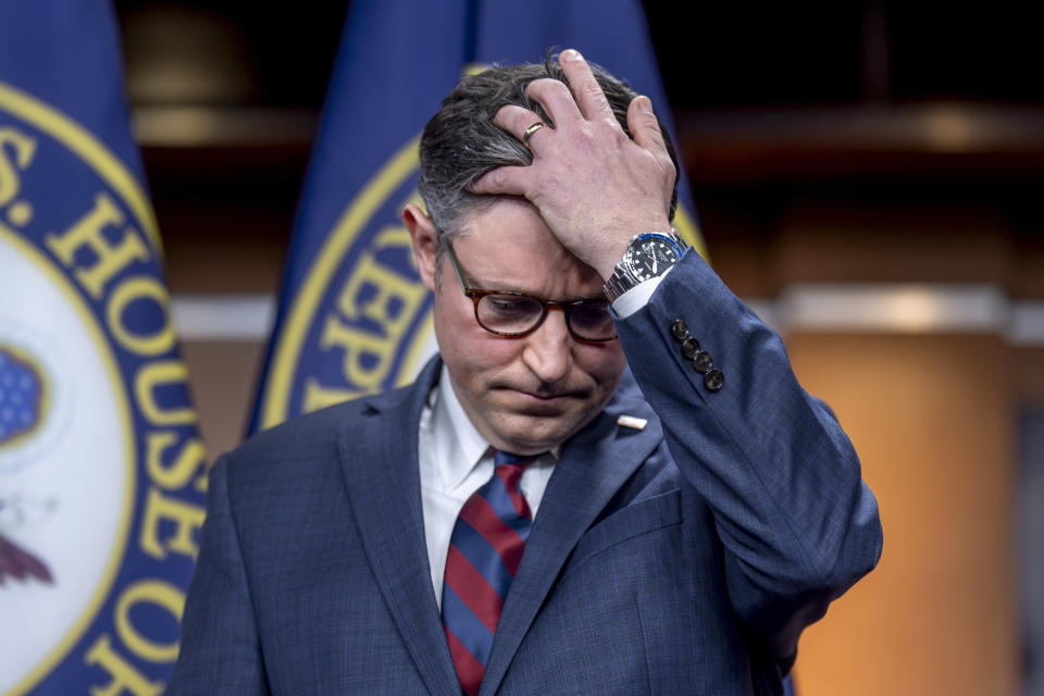 Speaker of the House Mike Johnson, R-La., pauses during a news conference amid threats that Rep. Marjorie Taylor Greene, R-Ga., a staunch ally of former President Donald Trump, is threatening to oust Johnson from his leadership post, at the Capitol in Washington, Tuesday, May 7, 2024. (AP Photo/J. Scott Applewhite)