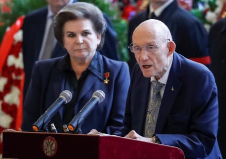 Russian cosmonaut Tereshkova and former Apollo spacecraft commander Stafford attend a mourning ceremony and a funeral for Alexei Leonov, the first man to conduct a space walk in 1965, in Mytishchi, outside Moscow