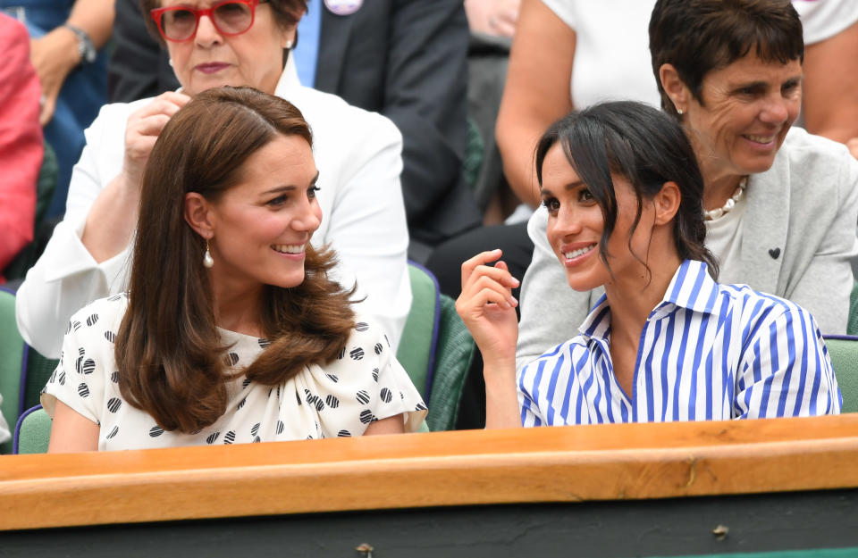 Catherine, Duchess of Cambridge and Meghan, Duchess of Sussex, at Wimbledon together on July 14.  (Karwai Tang via Getty Images)