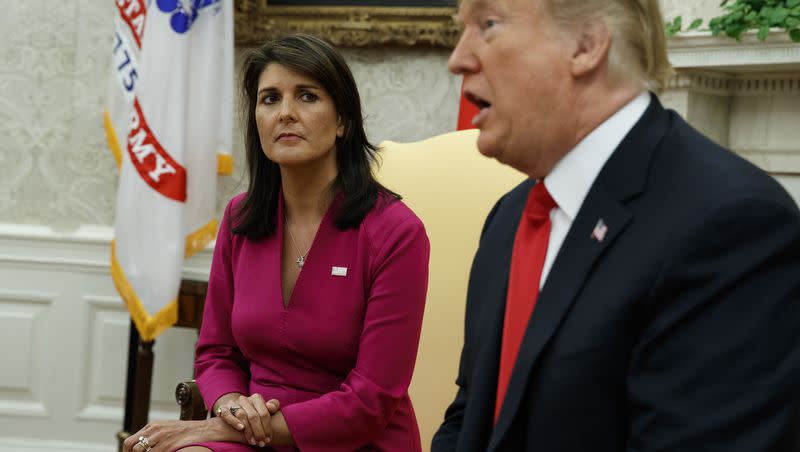 President Donald Trump speaks during a meeting with outgoing U.S. Ambassador to the United Nations Nikki Haley in the Oval Office of the White House, Oct. 9, 2018, in Washington.