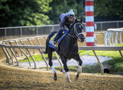 Preakness contender First Mission runs on the Pimlico track Tuesday morning, May 16, 2023, in Baltimore, in preparation for Saturday's Preakness Stakes horse race. (Jerry Jackson/The Baltimore Sun via AP)