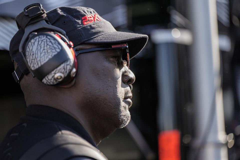 23XI Racing co-owner Michael Jordan watches the race during a NASCAR Cup Series auto race at Talladega Superspeedway, Sunday, April 21, 2024, in Talladega. Ala. (AP Photo/Mike Stewart)