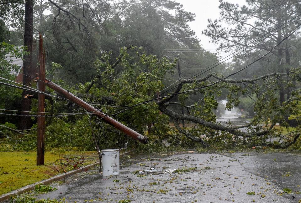 Sep. 15, 2018; Lumberton, NC, USA; Tropical Storm Florence continues to unleash massive amount of rain on Lumberton, North Carolina Saturday causing downed trees and power lines and minor flooding in areas. Mandatory Credit: Jeremiah Wilson/USA TODAY NETWORK (Via OlyDrop)