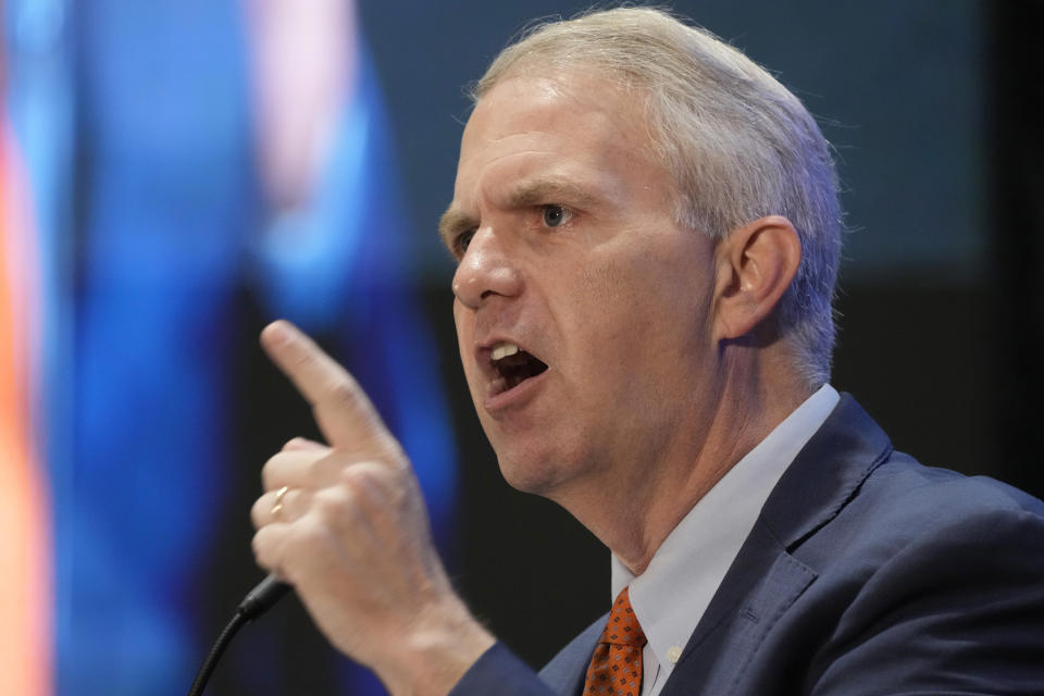 Brandon Presley, Democratic nominee for Mississippi Governor, addresses a group of business leaders at the 2023 Hobnob, sponsored by the Mississippi Economic Council, in Jackson, Miss., Thursday, Oct. 26, 2023. (AP Photo/Rogelio V. Solis)