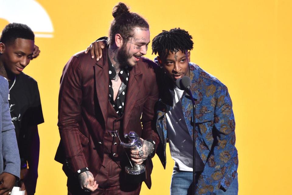 Post Malone (left) and 21 Savage at the 2018 MTV Video Music Awards in August in New York City (John Shearer/Getty)