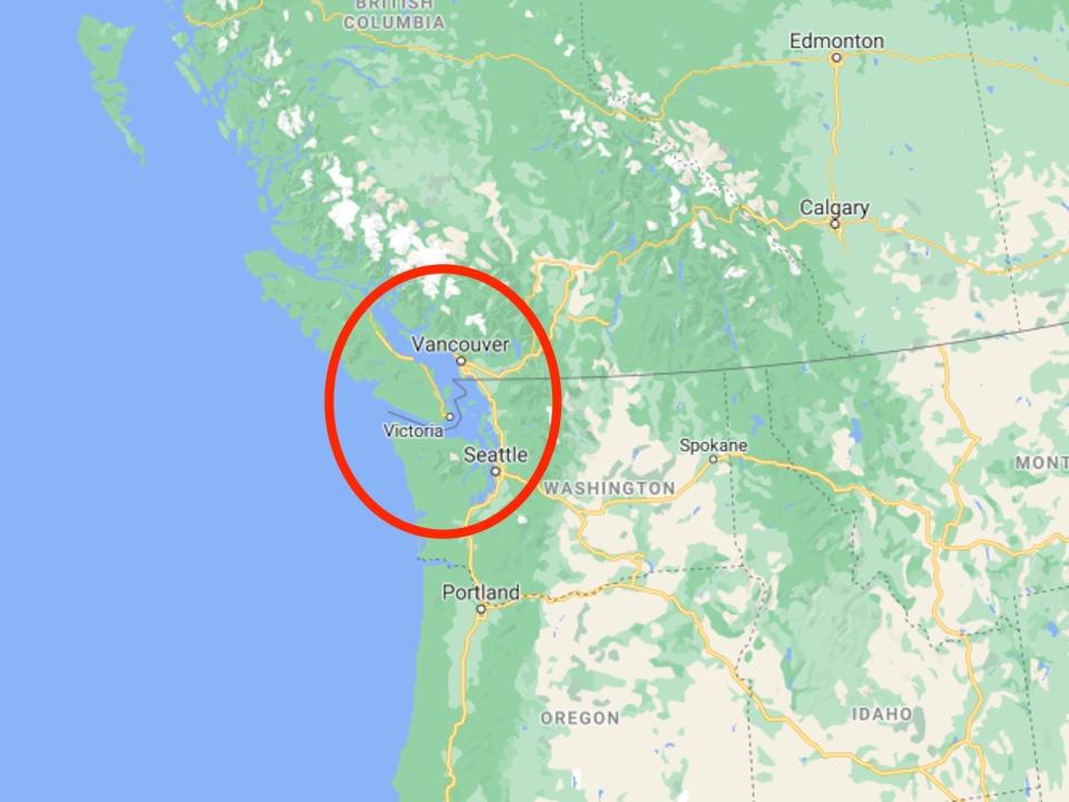 A map shows the Western coast of Canada and the US. A circle shows the Salish sea.