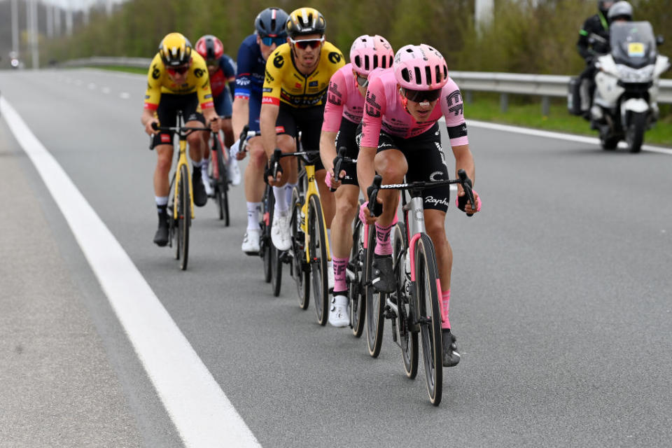 WAREGEM BELGIUM  MARCH 29 Mikkel Honor Frlich of Denmark and Team EF Education  Easypost competes in the chase group during the 77th Dwars Door Vlaanderen 2023  Mens Elite a 1837km one day race from Roeselare to Waregem  DDV23  on March 29 2023 in Waregem Belgium Photo by Tim de WaeleGetty Images
