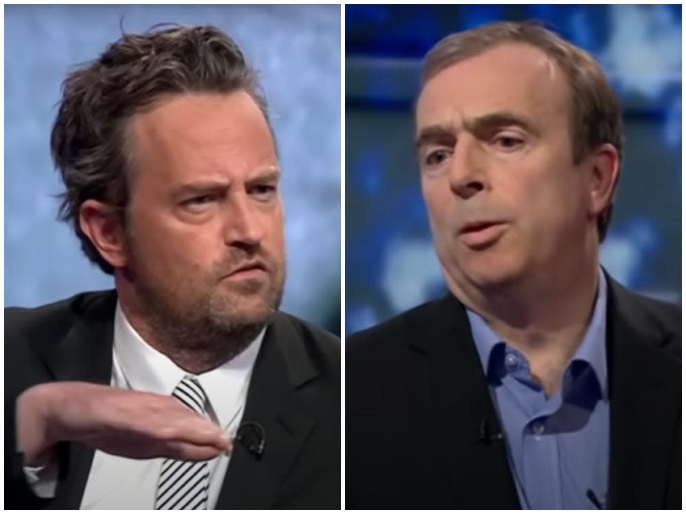 A composite image showing Matthew Perry, left, and Peter Hitchens, right, in a debate on BBC Newsnight in December 2013.